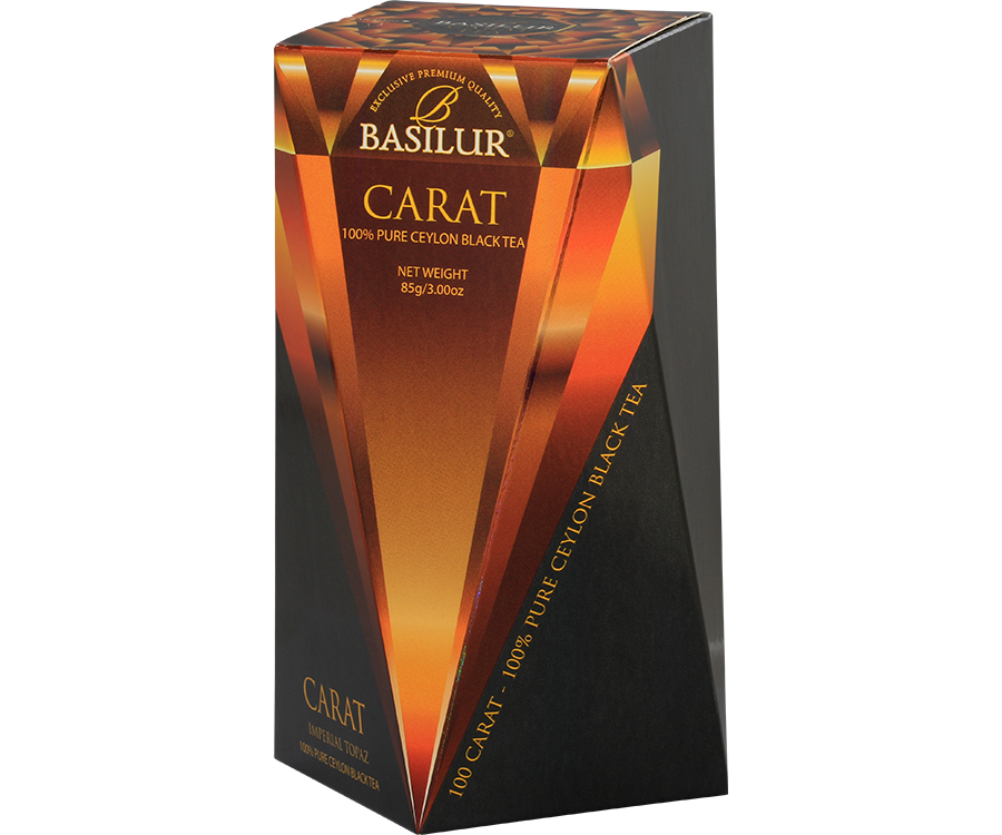 Basilur Imperial Topaz - czarna herbata cejlońska bez dodatków. Pomarańczowe pudełko z motywem kamieni szlachetnych.