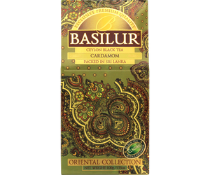 Basilur Cardamom - czarna herbata cejlońska z naturalnym kardamonem. Ozdobne, złote pudełko z orientalnym motywem.