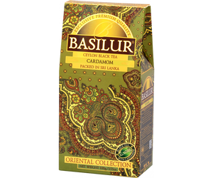 Basilur Cardamom - czarna herbata cejlońska z naturalnym kardamonem. Ozdobne, złote pudełko z orientalnym motywem.