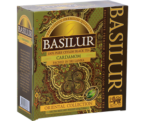 Basilur Cardamom - czarna herbata cejlońska z kardamonem w torebkach ekspresowych. Ozdobne, złote pudełko z orientalnym motywem.