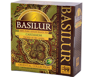 Basilur Cardamom - czarna herbata cejlońska z kardamonem w torebkach ekspresowych. Ozdobne, złote pudełko z orientalnym motywem.