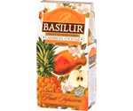 Basilur Caribbean Cocktail - owocowa herbata bezkofeinowa z dodatkiem rodzynek, papai, jabłka, wiśni, hibiskusa, skórki pomarańczy, chabru oraz aromatu ananasa i kokosa. Ozdobne opakowanie z owocowym motywem.