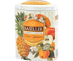 Basilur Caribbean Cocktail - Owocowa herbata bezkofeinowa z dodatkiem rodzynek, hibiskusa, wiśni, jabłka, papai, skórki pomarańczy, chabru oraz aromatu ananasa i kokosa. Ozdobna puszka z owocowym motywem.