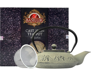 Basilur Dzbanek żeliwny – naczynie do parzenia herbaty w szarym kolorze o pojemności 1,1 l. Zdobienie w kształcie słoni.