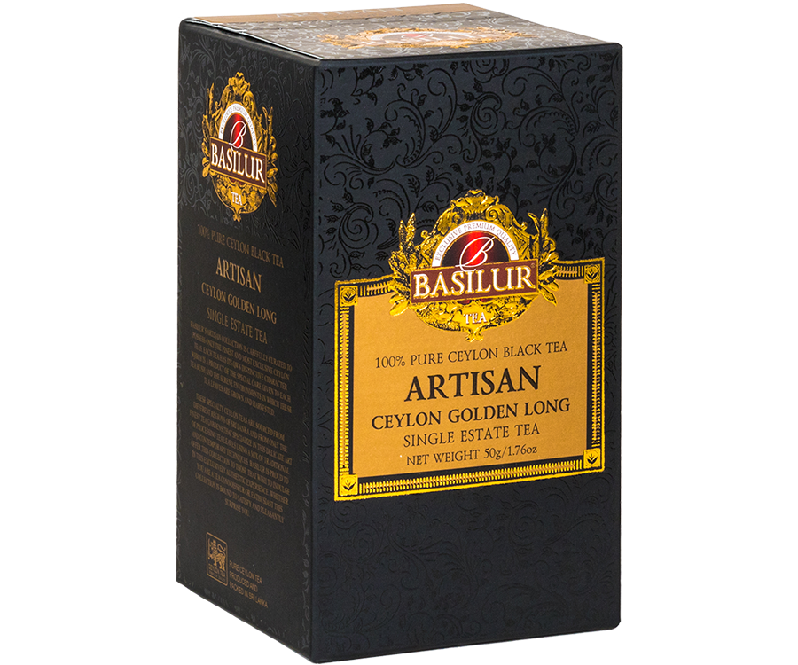 Basilur Ceylon Golden Long - ekskluzywna czarna herbata cejlońska bez dodatków. Czarne opakowanie z wyszukanym zdobieniem.