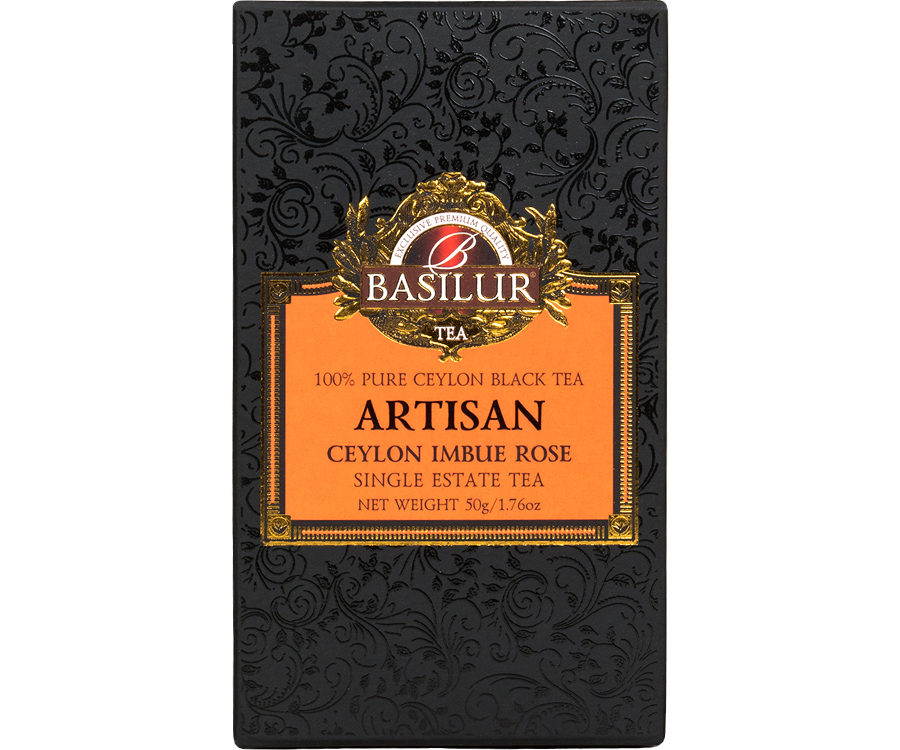 Basilur Ceylon Imbue Rose - ekskluzywna czarna herbata cejlońska bez dodatków. Czarne opakowanie z wyszukanym zdobieniem.