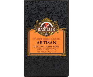 Basilur Ceylon Imbue Rose - ekskluzywna czarna herbata cejlońska bez dodatków. Czarne opakowanie z wyszukanym zdobieniem.