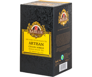 Basilur Ceylon Noblilis - ekskluzywna czarna herbata cejlońska bez dodatków. Czarne opakowanie z wyszukanym zdobieniem.