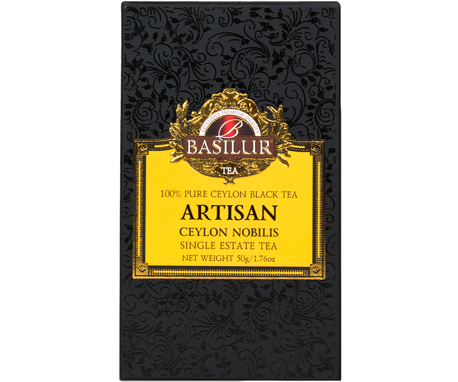 Basilur Ceylon Noblilis - ekskluzywna czarna herbata cejlońska bez dodatków. Czarne opakowanie z wyszukanym zdobieniem.