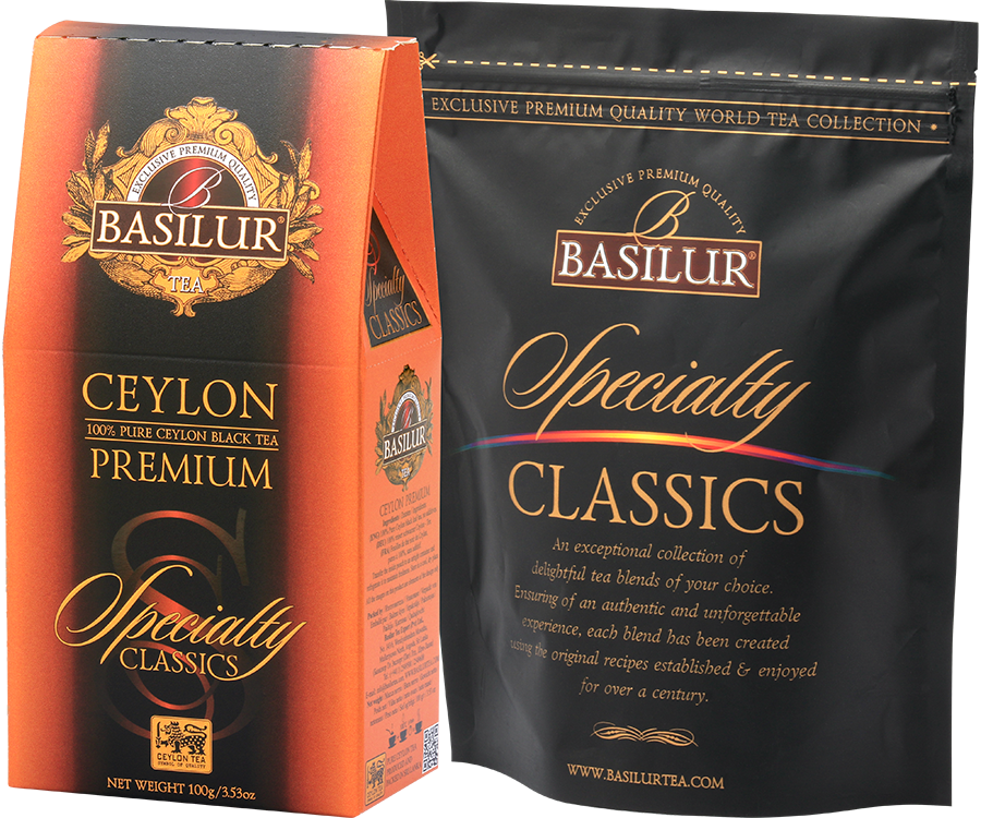 Basilur Ceylon Premium - czarna liściasta herbata cejlońska Orange Pekoe. Ozdobne, pomarańczowe pudełko z logo Basilur.