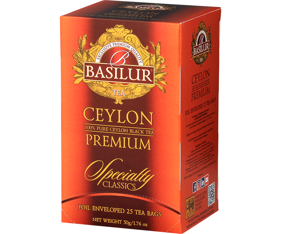 Basilur Ceylon Premium - czarna herbata cejlońska w kopertach. Ozdobne, pomarańczowe pudełko z logo Basilur.