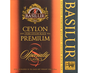 Basilur Ceylon Premium - czarna herbata cejlońska w wygodnych kopertach. Ozdobne, pomarańczowe pudełko z logo Basikur.