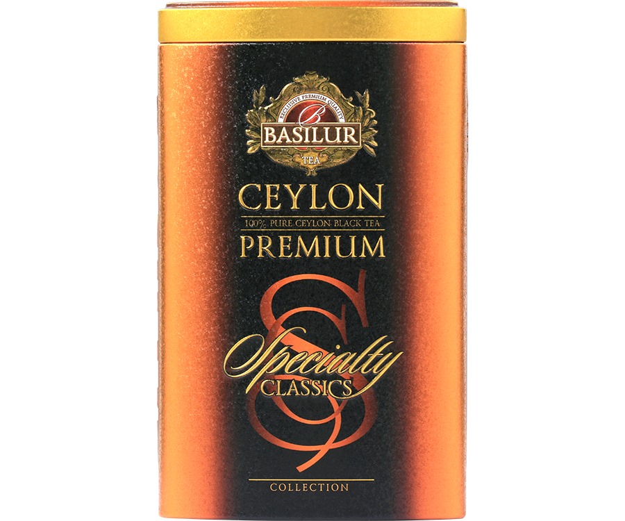Basilur Ceylon Premium - czarna herbata cejlońska skomponowana ze starannie dobranych dużych listków Orange Pekoe. Ozdobna puszka w kolorze pomarańczowym.