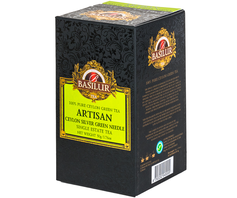  Basilur Ceylon Silver Green Needle – ekskluzywna zielona herbata cejlońska bez dodatków. Czarne opakowanie z wyszukanym zdobieniem.