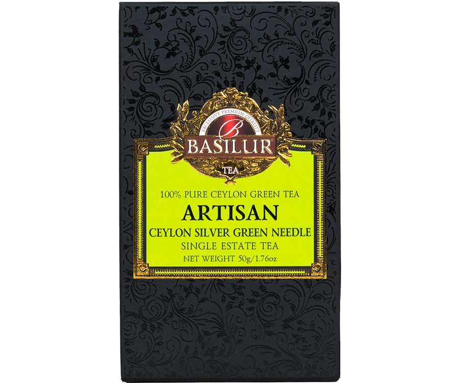  Basilur Ceylon Silver Green Needle – ekskluzywna zielona herbata cejlońska bez dodatków. Czarne opakowanie z wyszukanym zdobieniem.