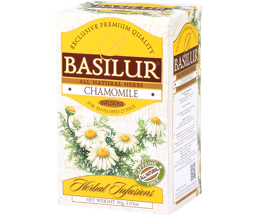 Basilur Chamomile - ziołowa herbata ze starannie dobranych suszonych kwiatów rumianku. Ozdobne opakowanie z roślinną grafiką.