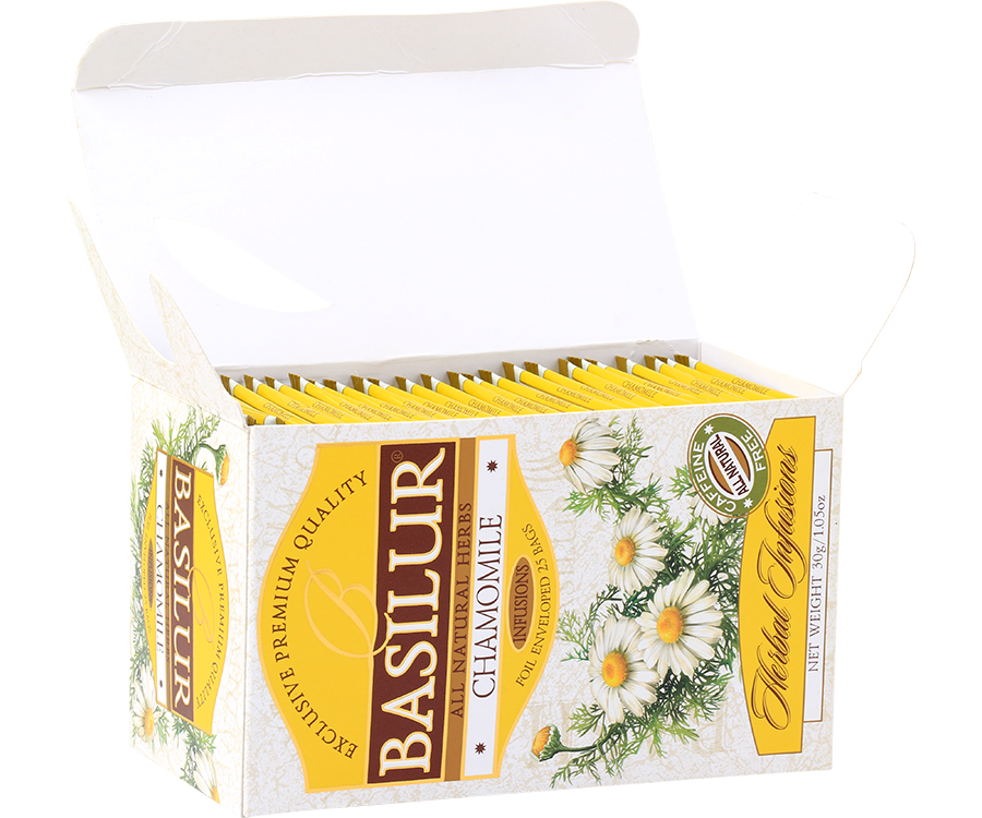 Basilur Chamomile - ziołowa herbata ze starannie dobranych suszonych kwiatów rumianku. Ozdobne opakowanie z roślinną grafiką.