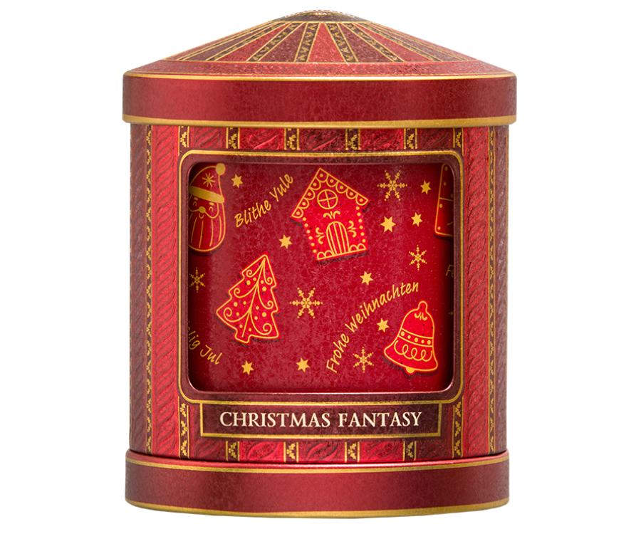 Basilur Christmas Fantasy - listki czarnej herbaty cejlońskiej wzbogacone o aromat syropu klonowego i chai. Czerwona puszka ze świątecznym zdobieniem, która po nakręceniu gra melodię.