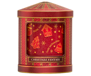 Basilur Christmas Fantasy - listki czarnej herbaty cejlońskiej wzbogacone o aromat syropu klonowego i chai. Czerwona puszka ze świątecznym zdobieniem, która po nakręceniu gra melodię.