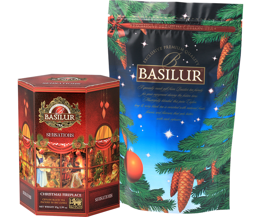 Basilur Christmas Fire Place - czarna herbata ze starannie wyselekcjonowanych liści Orange Pekoe z dodatkiem kwiatów róży oraz aromatu świątecznej borówki. Prezentowe opakowanie z motywem Świąt Bożego Narodzenia.
