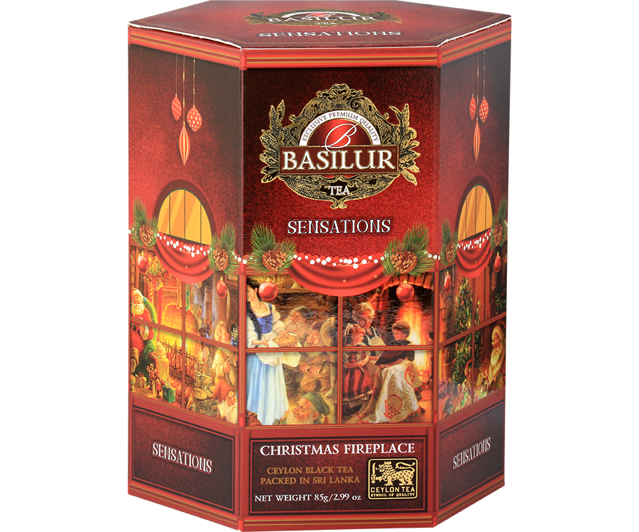 Basilur Christmas Fire Place - czarna herbata ze starannie wyselekcjonowanych liści Orange Pekoe z dodatkiem kwiatów róży oraz aromatu świątecznej borówki. Prezentowe opakowanie z motywem Świąt Bożego Narodzenia.
