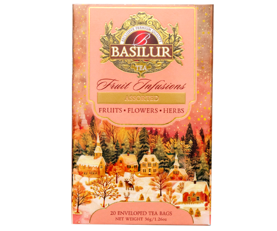 Basilur Christmas Fruit Infusions Assorted - zestaw bezkofeinowych herbat z dodatkiem owoców i korzennych przypraw. Ozdobne pudełko ze świątecznym motywem.