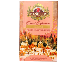 Basilur Christmas Fruit Infusions Assorted - zestaw bezkofeinowych herbat z dodatkiem owoców i korzennych przypraw. Ozdobne pudełko ze świątecznym motywem.