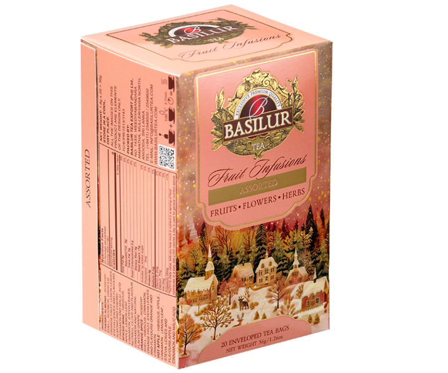 Basilur Christmas Fruit Infusions Assorted - zestaw bezkofeinowych herbat z dodatkiem owoców i korzennych przypraw. Ozdobne pudełko ze świątecznym motywem.