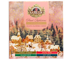 Basilur Christmas Fruit Infusions Assorted - zestaw bezkofeinowych herbat z dodatkiem owoców i korzennych przypraw. Ozdobna herbaciarka ze świątecznym motywem.