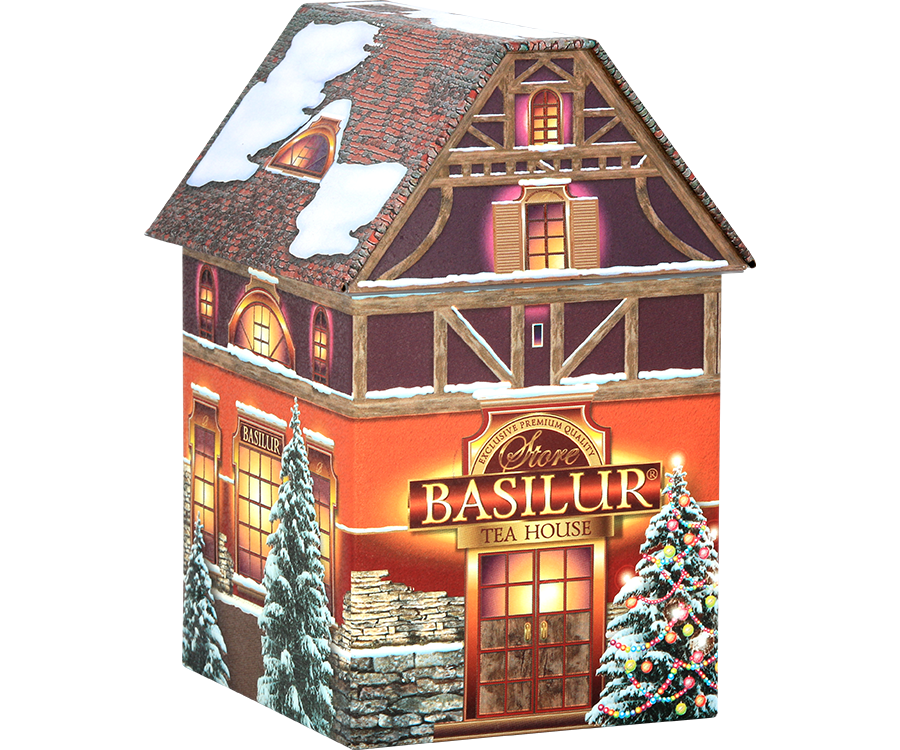 Basilur Christmas House - czarna herbata z dodatkiem białego i czerwonego chabru oraz aromatu marcepanu. Prezentowa puszka w kształcie domku.