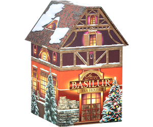 Basilur Christmas House - czarna herbata z dodatkiem białego i czerwonego chabru oraz aromatu marcepanu. Prezentowa puszka w kształcie domku.