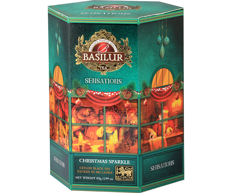 Basilur Christmas Sparkle - czarna herbata cejlońska ze starannie wyselekcjonowanych liści Orange Pekoe z dodatkiem pączków jaśminu i aromatu waty cukrowej. Prezentowe opakowanie z motywem Świąt Bożego Narodzenia.