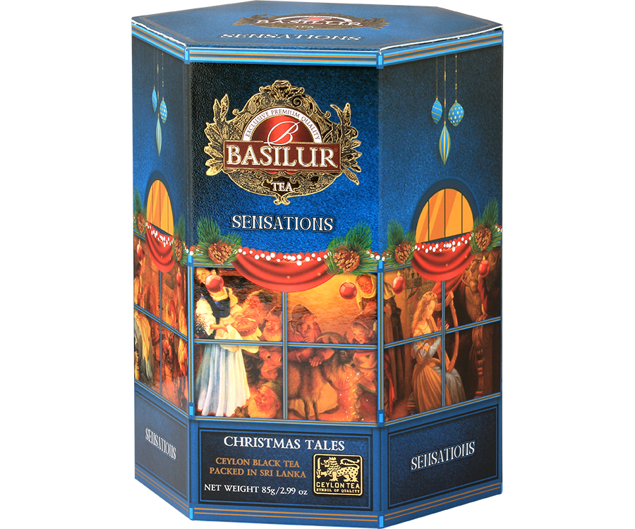 Basilur Christmas Tales - czarna herbata cejlońska skomponowana z wysokiej jakości listków Orange Pekoe z dodatkiem chabru oraz aromatem adwokatu. Prezentowe opakowanie z motywem Świąt Bożego Narodzenia.