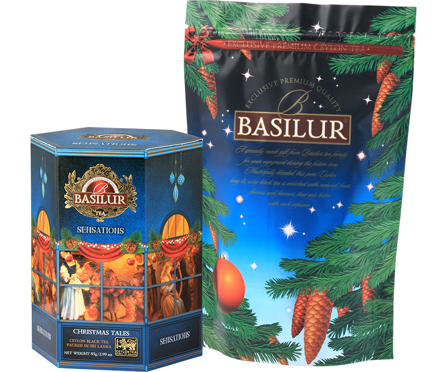 Basilur Christmas Tales - czarna herbata cejlońska skomponowana z wysokiej jakości listków Orange Pekoe z dodatkiem chabru oraz aromatem adwokatu. Prezentowe opakowanie z motywem Świąt Bożego Narodzenia.