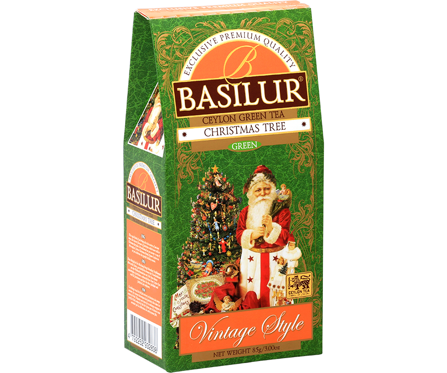 Basilur Christmas Tree – zielona herbata cejlońska z dodatkiem wiśni, jabłka, chabru oraz aromatu mango, marakui i limonki. Zielone pudełko ze świątecznym motywem.