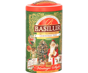 Basilur Christmas Tree - zielona herbata cejlońska z dodatkiem wiśni, jabłka, chabru oraz aromatu mango, marakui i limonki. Ozdobna puszka ze świątecznym motywem.