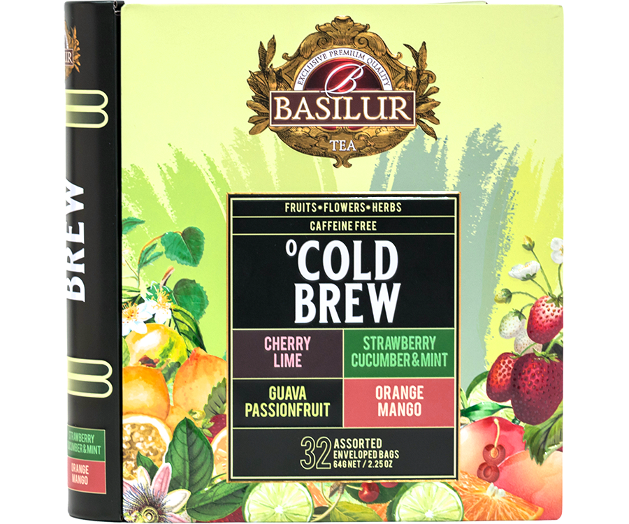 Basilur Cold Brew Assorted – zestaw 4 smaków herbat bezkofeinowych z kolekcji Cold Brew w puszce w kształcie książki.