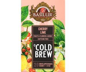 Basilur Cold Brew Cherry Lime - owocowa herbata bezkofeinowa z dodatkiem owoców dzikiej róży, hibiskusa, owoców i liści pomarańczy, stewii oraz naturalnego aromatu wiśni, limonki i cytrusów. Ozdobne opakowanie z owocowym motywem.