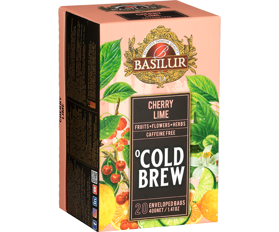 Basilur Cold Brew Cherry Lime - owocowa herbata bezkofeinowa z dodatkiem owoców dzikiej róży, hibiskusa, owoców i liści pomarańczy, stewii oraz naturalnego aromatu wiśni, limonki i cytrusów. Ozdobne opakowanie z owocowym motywem.