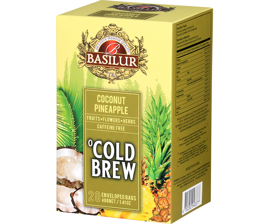 Basilur Cold Brew Coconut Pineapple - owocowa herbata bezkofeinowa z dodatkiem hibiskusa, owoców dzikiej róży, pomarańczy, liści pomarańczy, stewii oraz naturalnego aromatu kokosa i ananasa. Ozdobne opakowanie z owocowym motywem.