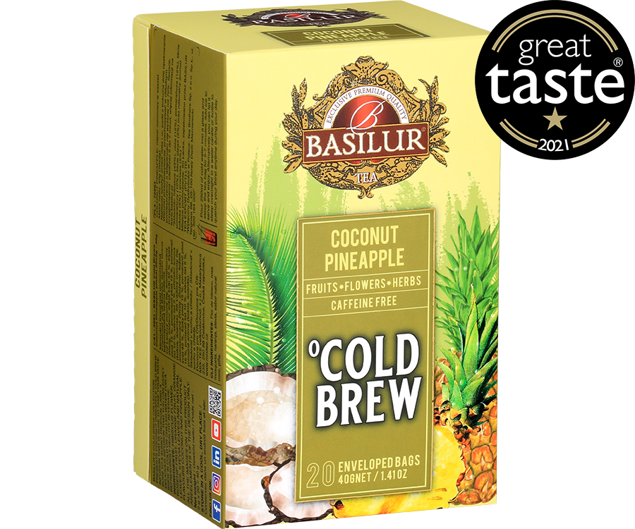 Basilur Cold Brew Coconut Pineapple - owocowa herbata bezkofeinowa z dodatkiem hibiskusa, owoców dzikiej róży, pomarańczy, liści pomarańczy, stewii oraz naturalnego aromatu kokosa i ananasa. Ozdobne opakowanie z owocowym motywem.