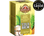 Basilur Cold Brew Coconut Pineapple - owocowa herbata bezkofeinowa z dodatkiem hibiskusa, owoców dzikiej róży, pomarańczy, liści pomarańczy, stewii oraz naturalnego aromatu kokosa i ananasa. Ozdobne opakowanie z owocowym motywem.