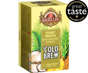 Basilur Cold Brew Coconut Pineapple - owocowa herbata bezkofeinowa z dodatkiem hibiskusa, owoców dzikiej róży, pomarańczy, liści pomarańczy, stewii oraz naturalnego aromatu kokosa i ananasa. Ozdobne opakowanie z owocowym motywem.