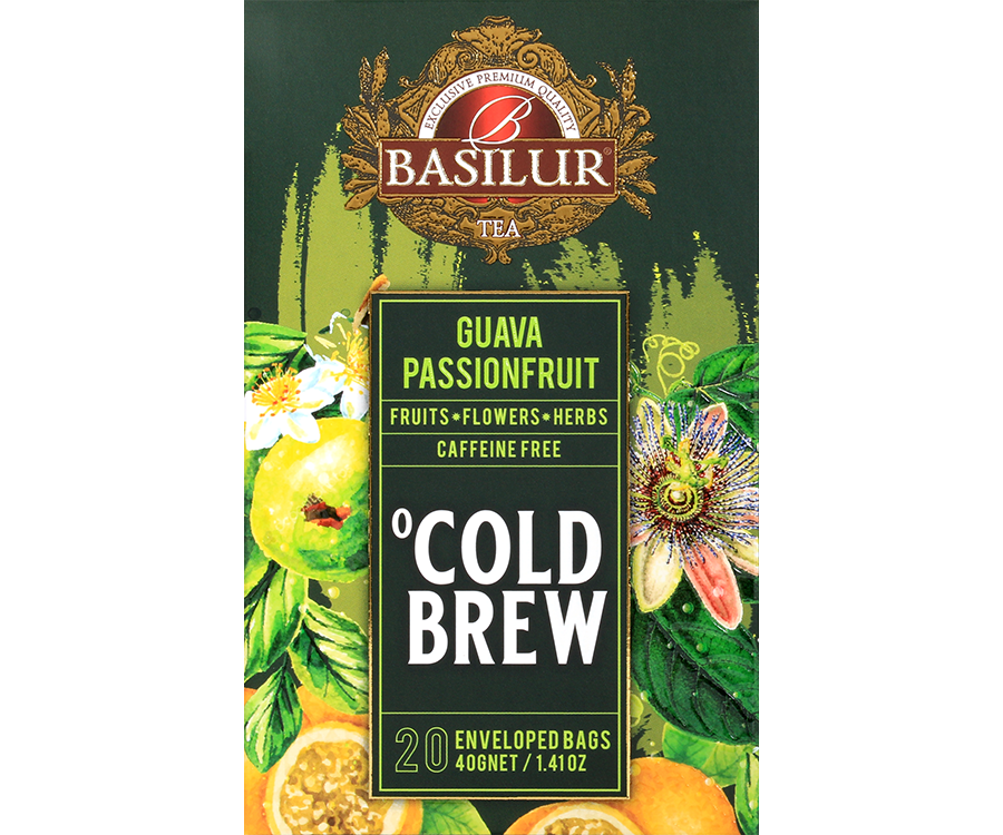 Basilur Cold Brew Guava Passionfruit - owocowa herbata bezkofeinowa z dodatkiem hibiskusa, dzikiej róży, liści guawy, stewii oraz naturalnego aromatu marakui i cytrusów. Ozdobne opakowanie z owocowym motywem.
