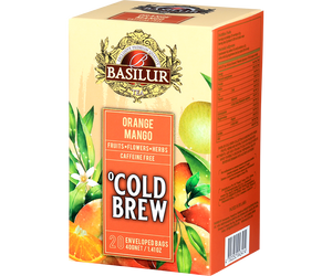 Basilur Cold Brew Orange Mango - owocowa herbata bezkofeinowa z dodatkiem hibiskusa, skórki pomarańczy, dzikiej róży, liści mango, stewii oraz naturalnego aromatu mango, pomarańczy i cytryny. Ozdobne opakowanie z owocowym motywem.