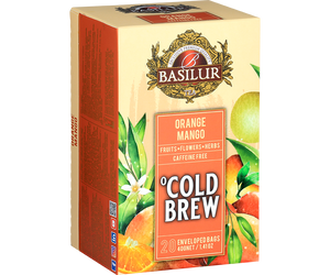Basilur Cold Brew Orange Mango - owocowa herbata bezkofeinowa z dodatkiem hibiskusa, skórki pomarańczy, dzikiej róży, liści mango, stewii oraz naturalnego aromatu mango, pomarańczy i cytryny. Ozdobne opakowanie z owocowym motywem.