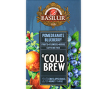 Basilur Cold Brew Pomegrante Blueberry - owocowa herbata bezkofeinowa z dodatkiem hibiskusa, owocu grantu, liści pomarańczy, stewii oraz naturalnego aromatu granatu i borówki. Ozdobne opakowanie z owocowym motywem.