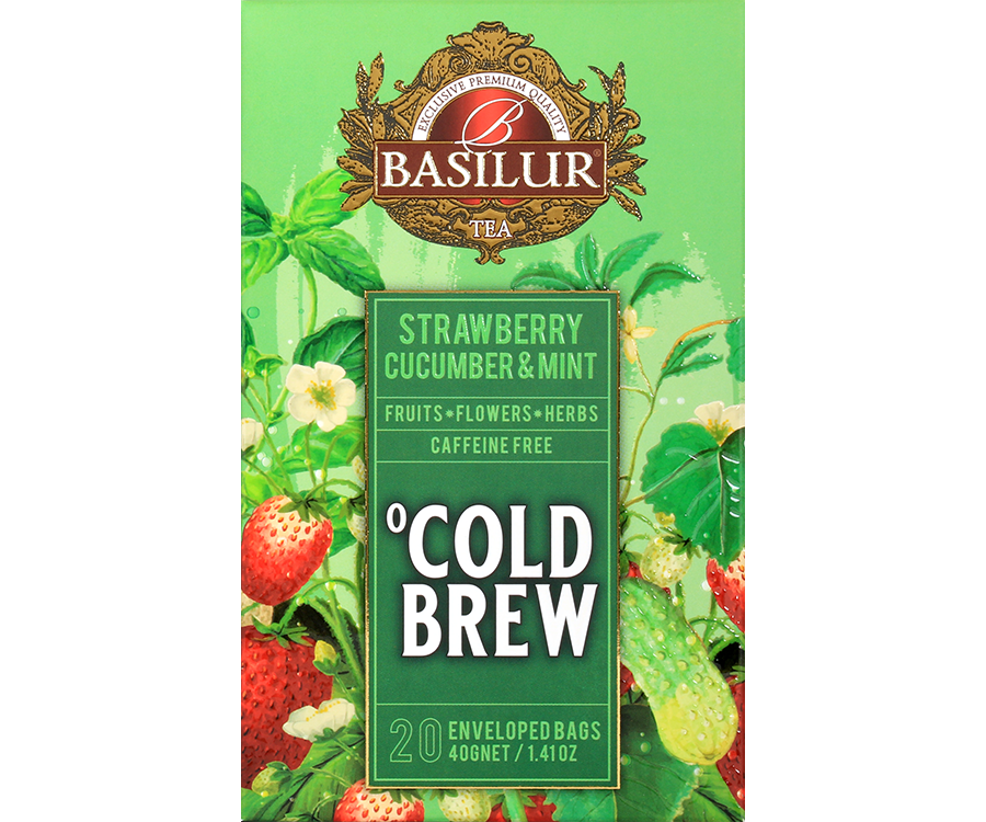 Basilur Cold Brew Strawberry Cucumber&Mint - owocowa herbata bezkofeinowa z dodatkiem dzikiej róży, liści mięty kłosowej i pieprzowej, hibiskusa, ogórka oraz naturalnego aromatu truskawki i mięty. Ozdobne opakowanie z owocowym motywem.