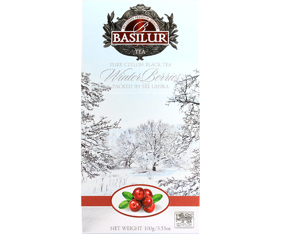 Basilur Cranberries - czarna liściasta herbata cejlońska z dodatkiem żurawiny, chabru oraz aromatem żurawiny. Ozdobne pudełko z zimowym motywem.