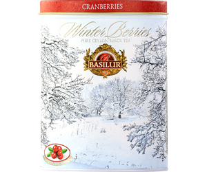 Basilur Cranberries - czarna liściasta herbata cejlońska z dodatkiem żurawiny, chabru oraz aromatem żurawiny. Ozdobna puszka z zimowym motywem.